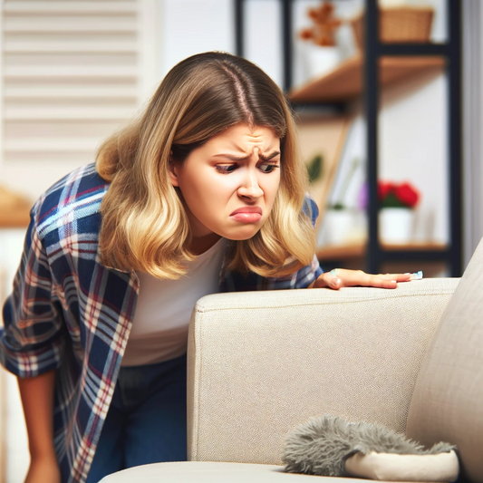A woman selling the couch in her home. The couch appears to be smelling bad.
