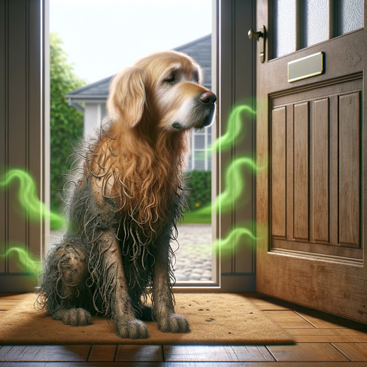 A dog standing in a doorway. The door appears unkempt and smells bad.
